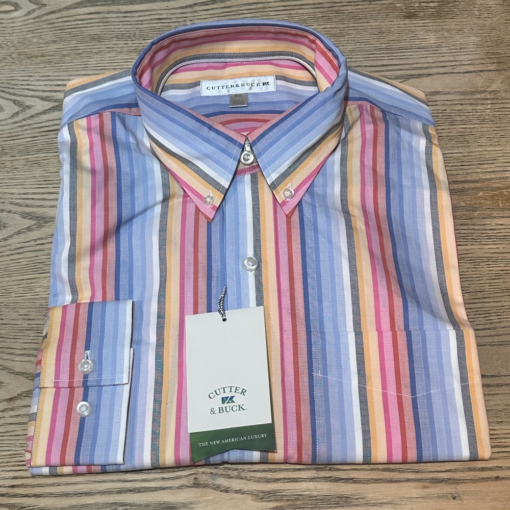 NWT Cutter & Buck Mens Medium Striped Long Sleeve Button Down Up Shirt